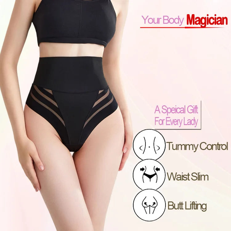 Women's High Waist Thong Style Shapewear Tummy Control Waist Trainer Hip Lift Body Shaping Pants Plus Size Striped Mesh Thong