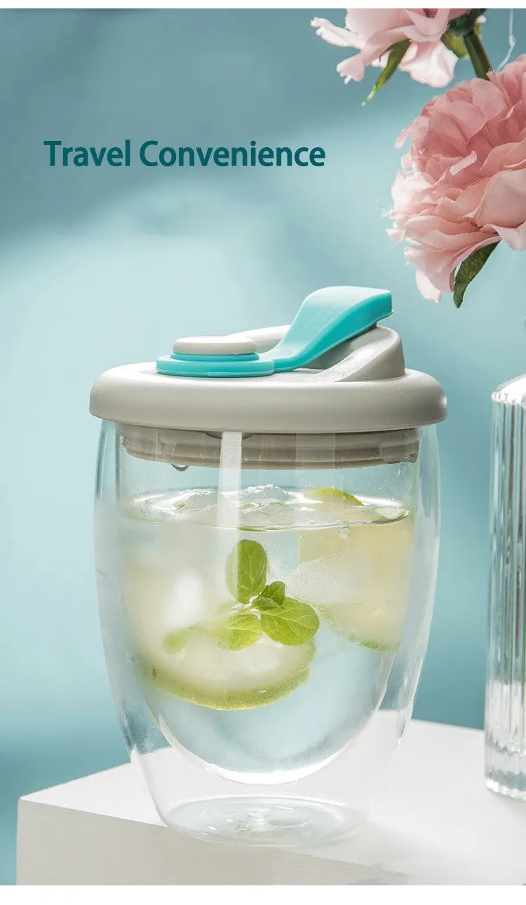 Cute Portable Water Cup Double Wall Glass Cup With Leak-Proof LidTransparent Insulated Coffee Cups Milk Tea Juice Mug Dinkware