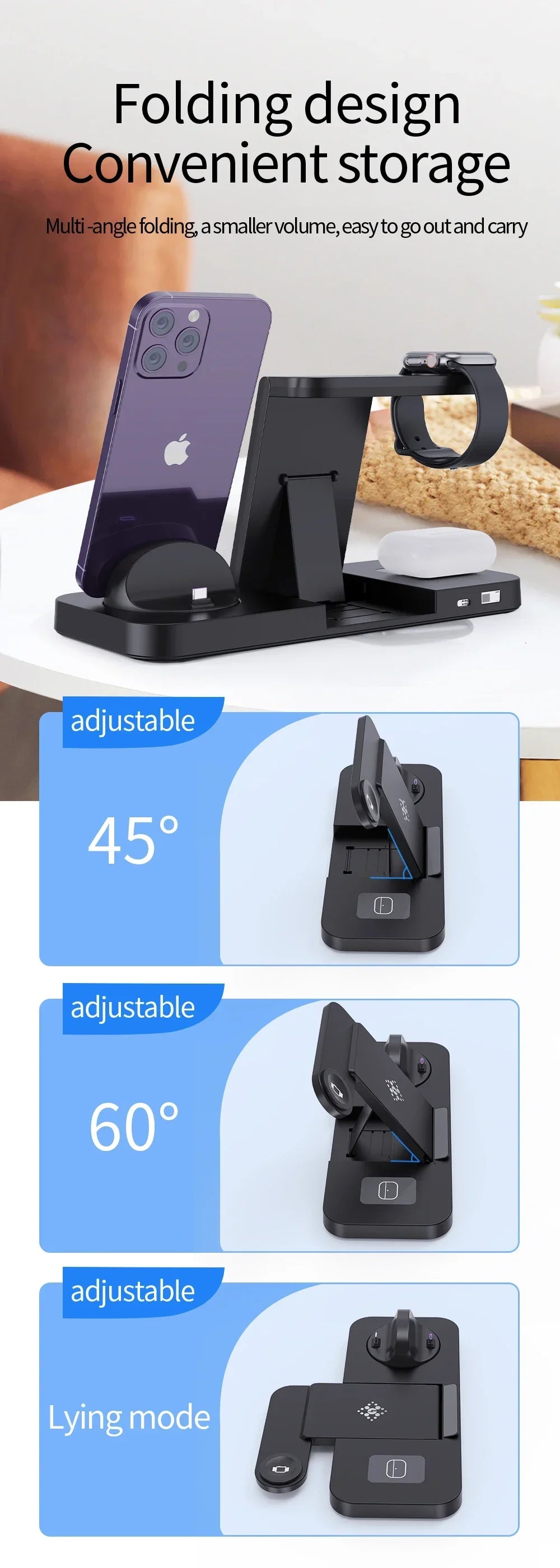 Foldable 6 In 1 Wireless Charger Stand For iPhone 15 14 13 12 11 X Apple Watch 8 7 6 5 4 3 2 Airpods Fast Charging Dock Station