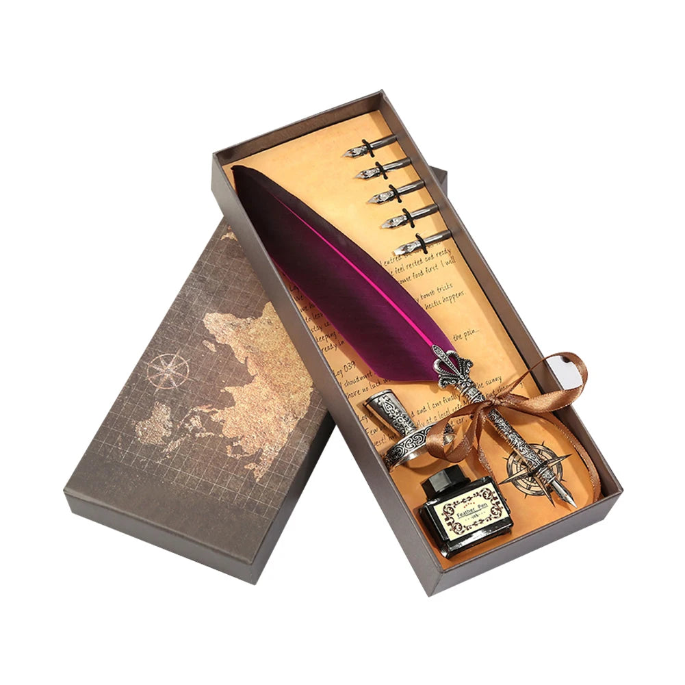 1 Set Retro Calligraphy Feather Dip Pen with 2 Nib Set Quill Fountain Writing Creative Vintage Stationery Gift Box no ink