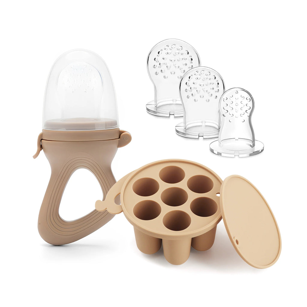 Baby Fruit Feeder Teether Pacifier with Baby Food Freezer Tray Set Silicone Freezable Teether for Fruit Purees Self Feeding