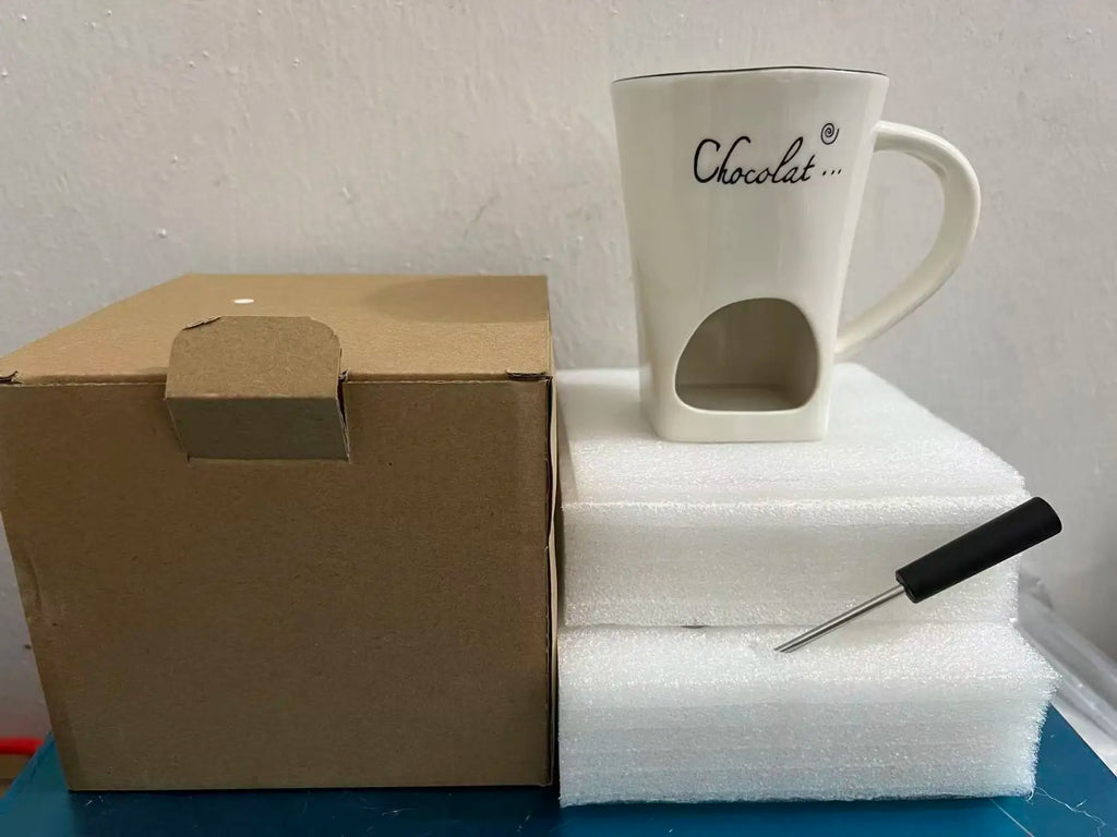 130ml Ceramic Chocolate Fondue Cup with Fork European Candle Heating Mug Creative Food Warmer for Cheese Coffee