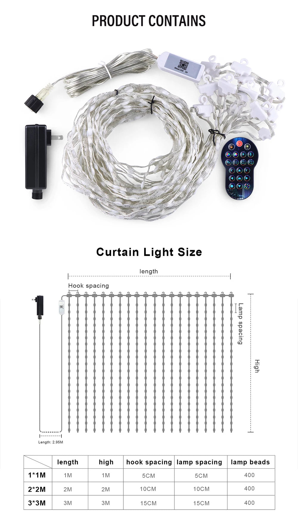 400LED Smart Curtain Lights, RGBIC Color Changing Christmas Lights String Dimmable DIY Patterns with Music for Bedroom Courtyard