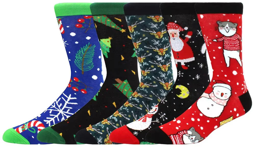 5 pairs Men Christmas Socks Funny Xmas Santa Claus Tree Snowflake Elk Snow Cotton Medium tube Happy Sock Men New Year Sokken