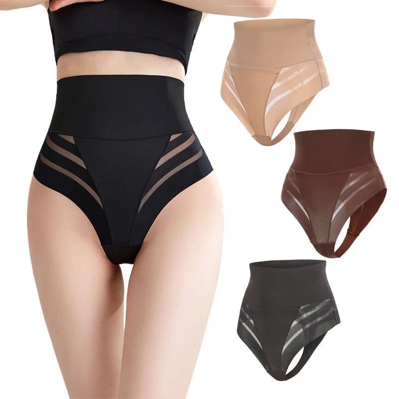 Women's High Waist Thong Style Shapewear Tummy Control Waist Trainer Hip Lift Body Shaping Pants Plus Size Striped Mesh Thong