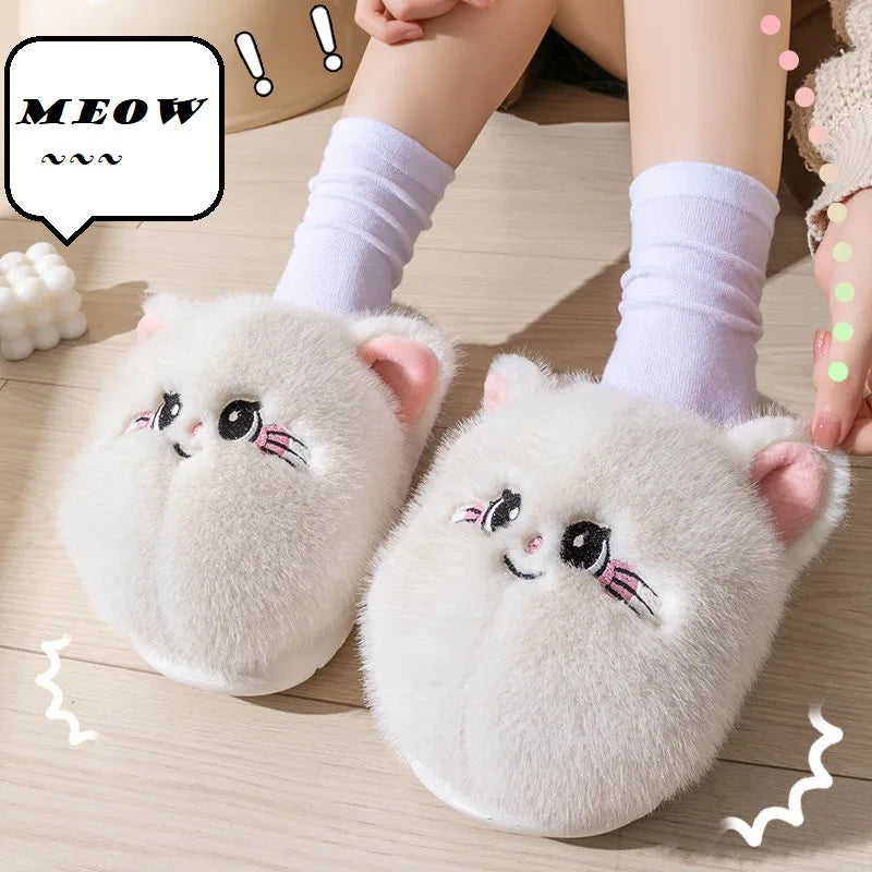 Cuddly Hug Cat Slippers Women Winter Home Fur Slides Kawaii Floor Shoes Furry Slippers Girl Kitty Mules Funny Cute Gift Slippers