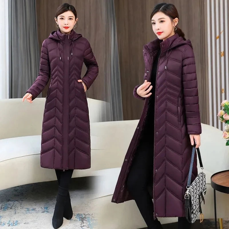 2025 NEW Winter Hooded Down Jacket 5XL Women's Warm Parka Fashion Down Cotton Women Long Coat Slim Temperament Female Overcoat