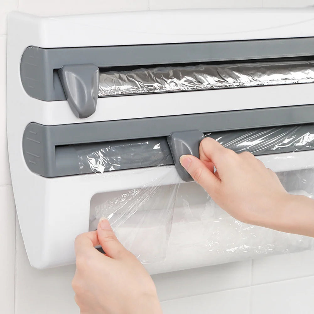 Large Food Cling Film Dispenser 4 In 1 Wall-Mounted Plastic Wrap Cutter Aluminium Foil Dispenser Kitchen Accessories Organizer