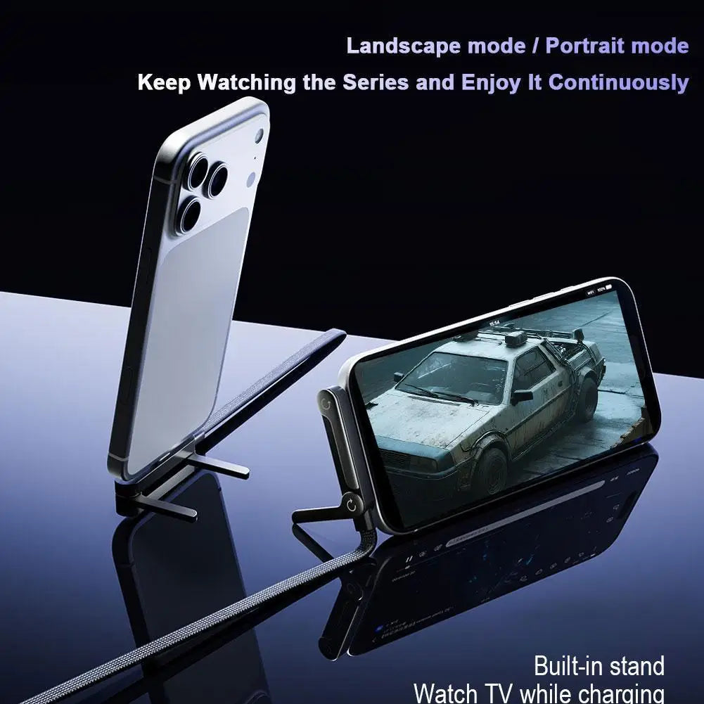 Sideways Phone Charger,Invisible Stand Charging Cable,Built In Phone Stand Charging Cord with Folding Phone Stand 2-in-1 Holder