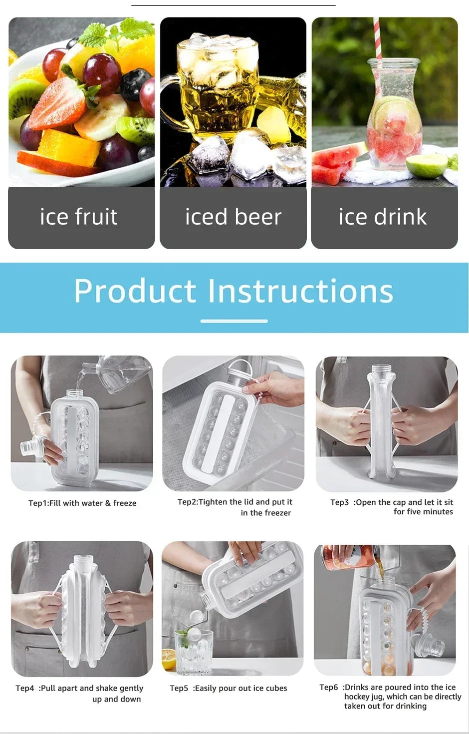 Portable 2in1 Folding Ice Maker Water Bottle with Creative Ice Cube Mold Ice Hockey Lattice Kitchen Bar Gadgets Ice Making Tool