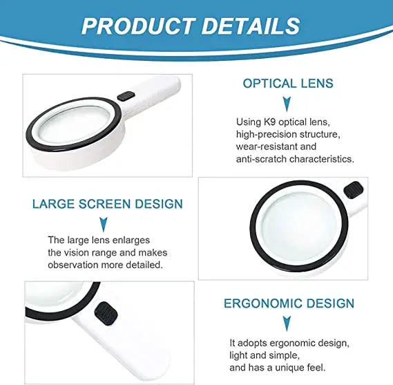 Handheld 30x Magnifying Glass 12 LED Lights Jewelry Illuminated Double Glass Lens Magnifier For Seniors Reading Watch Repair