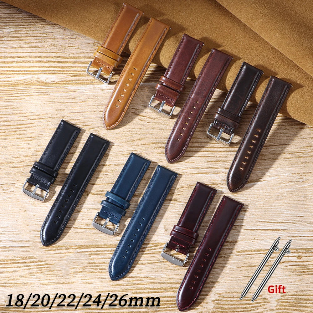 Retro Leather Watch Band 20mm 22mm 18mm 24mm 26mm for Seiko Smartwatch Bracelet Universal Wristband Quick Release Cowhide Strap