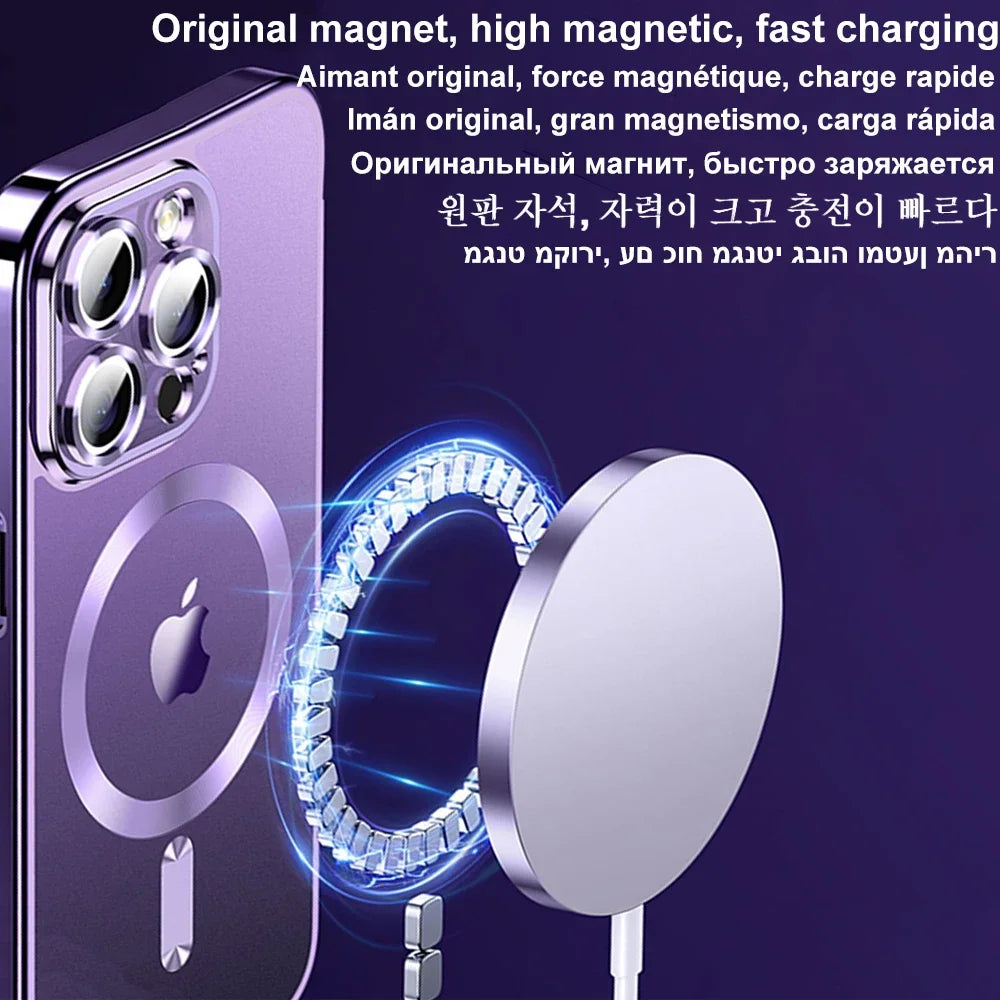 Magnetic Plating Case For iPhone 15 16 14 17 13 12 11 Pro Max Air Camera Lens Protector Glass For Magsafe Wireless Charger Cover