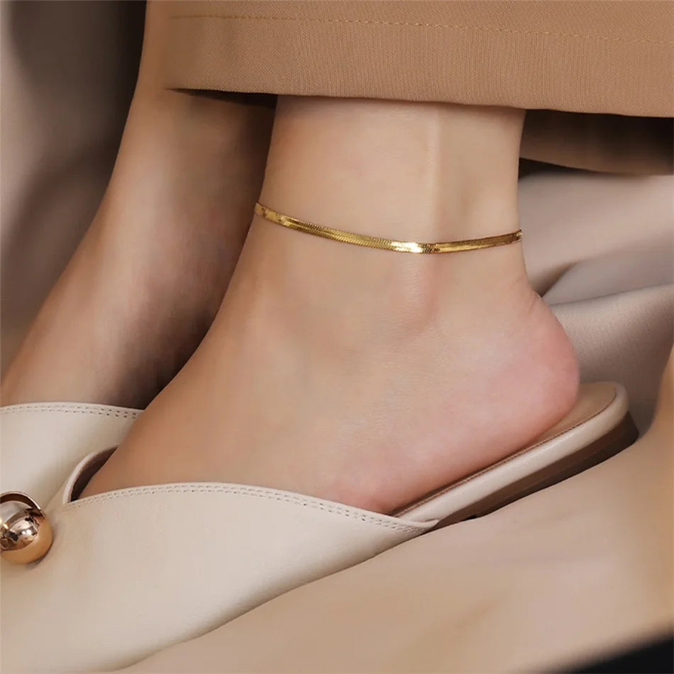 SUNIBI Stainless Steel Snake Chain Anklet for Women Summer Beach Gold Color Anklets Fashion Jewelry Dropshipping Wholesale