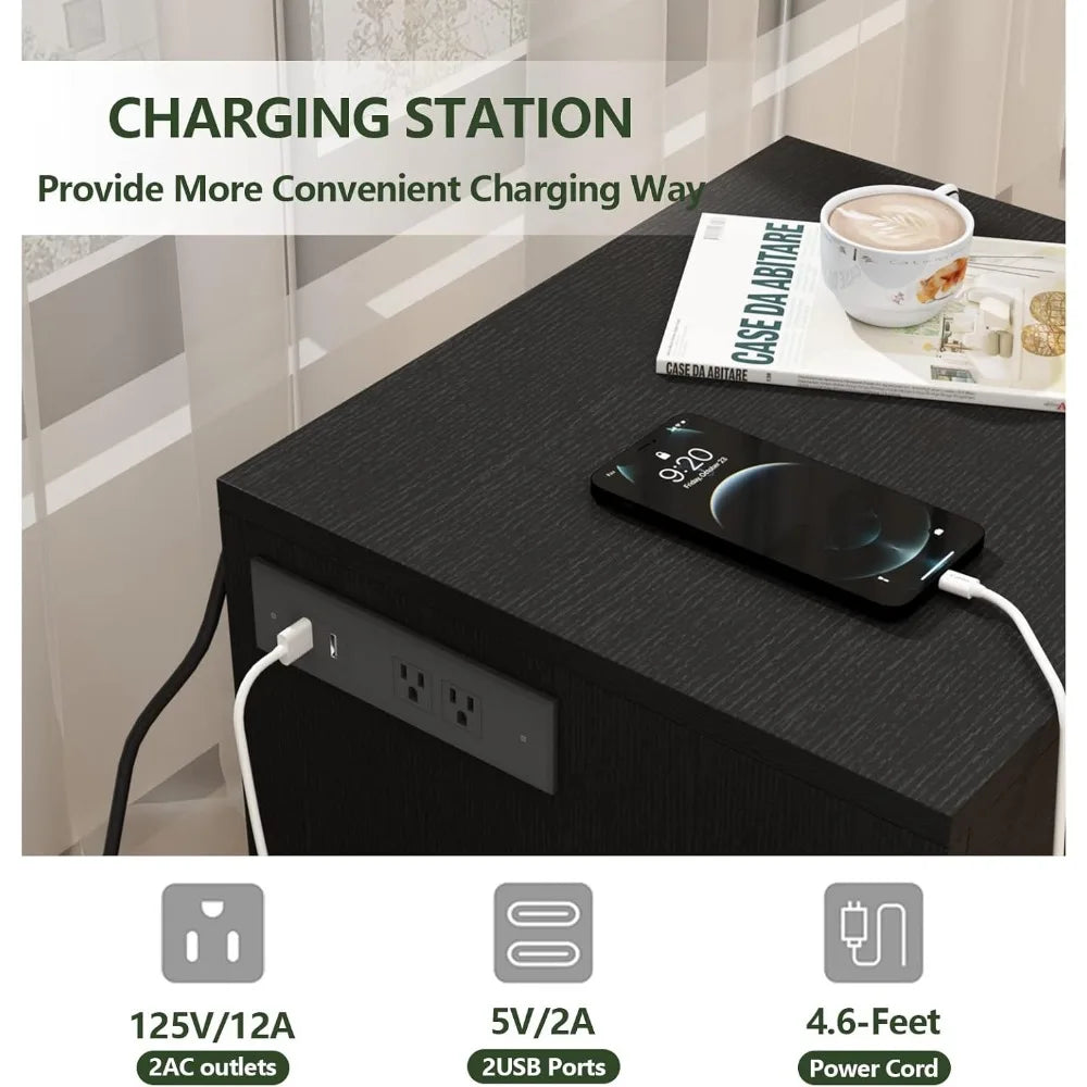 Nightstand with Charging Station and LED Lights, Concealment Furniture with RFID Lock Cabinet and Power Outlets, Bedside Table w
