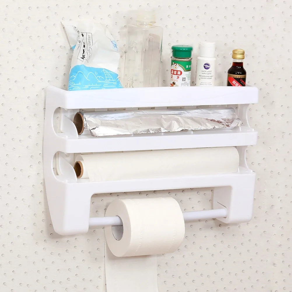 Large Food Cling Film Dispenser 4 In 1 Wall-Mounted Plastic Wrap Cutter Aluminium Foil Dispenser Kitchen Accessories Organizer