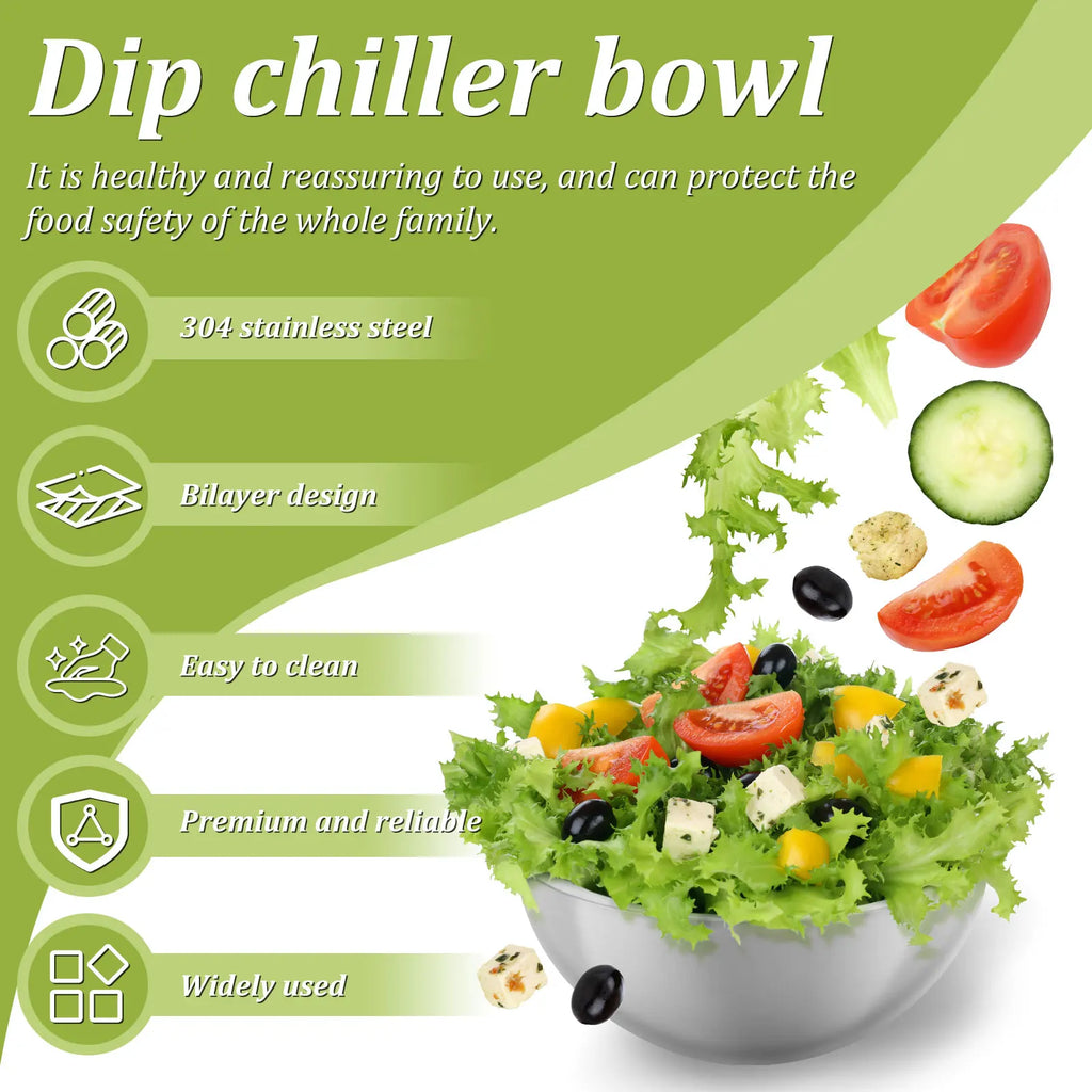 Stainless Steel Dip Chiller Bowl Serving Bowls with Double Walled Ice Cavity Insulated Etch Resistant Robust Long Service Life