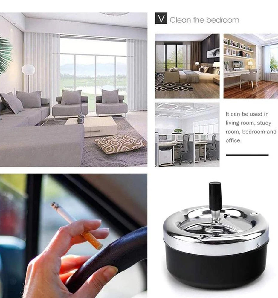Cool Ashtray Stainless Steel Push Down Spinning Ashtray Self-Cleaning Ashtray With Lid Cover Ash Tray for Cigarette Smoking
