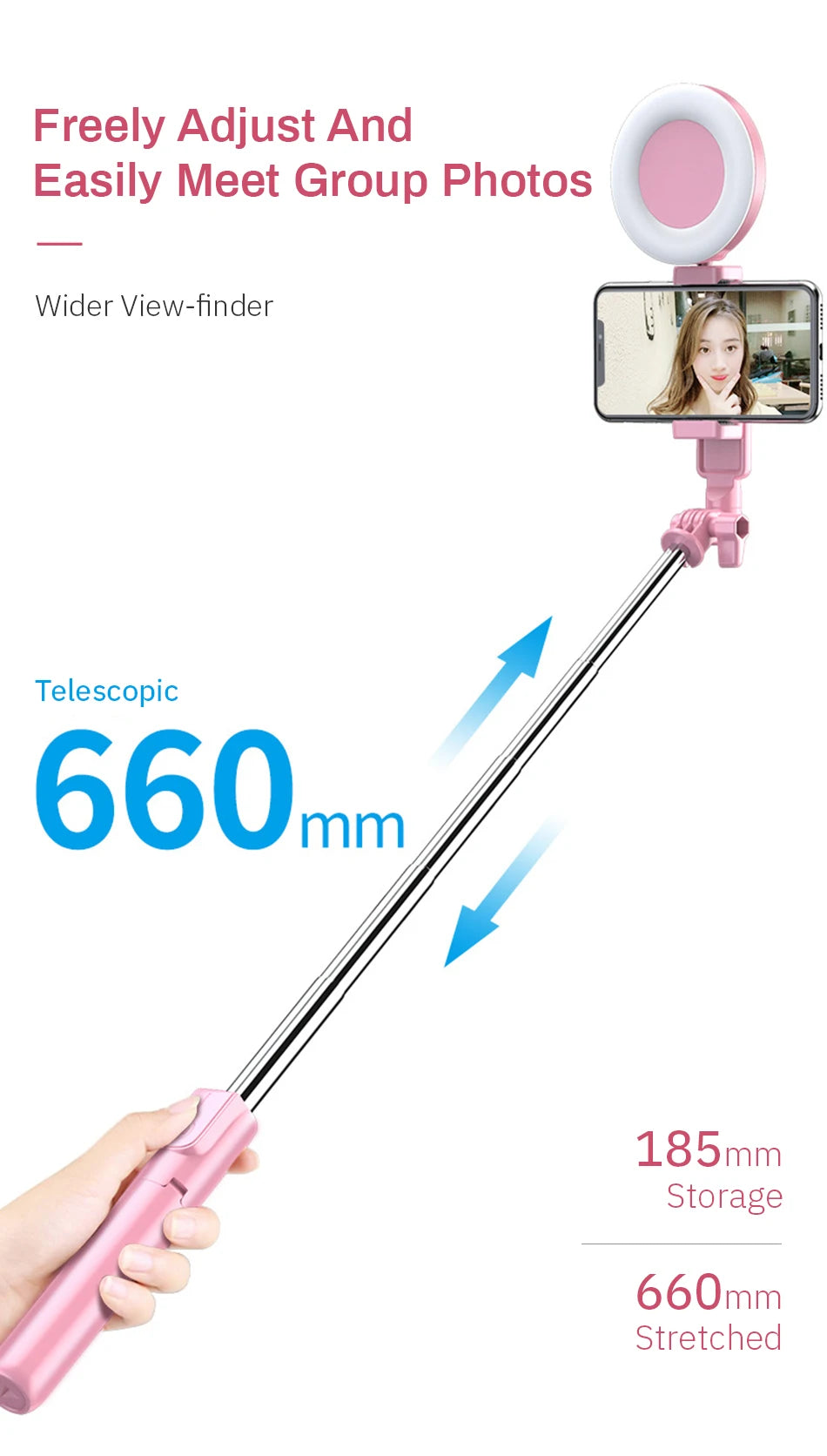 4in1 Wireless bluetooth compatible Selfie Stick LED Ring light Extendable Handheld Monopod Live Tripod for iPhone Android
