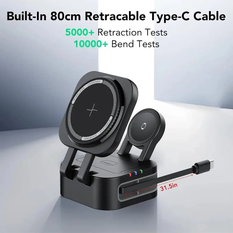 Magnetic 3 in 1 Wireless Charger Station With Extension Cords for iPhone 17 16 15 14 13 12 iWatch 11-2 Airpods Pro Fast Charging