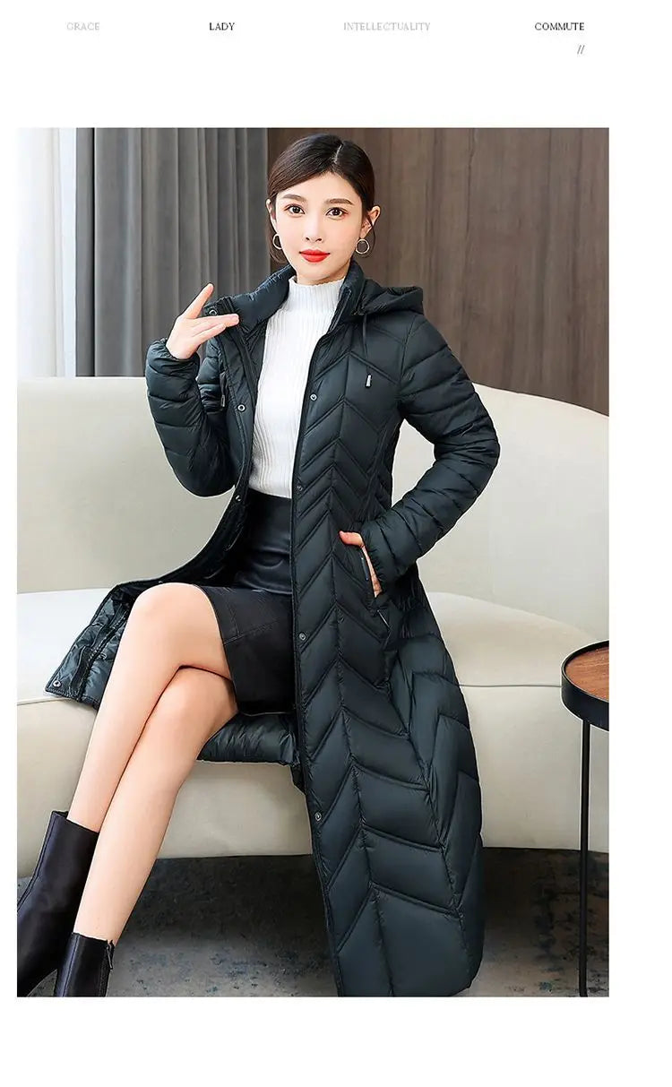2025 NEW Winter Hooded Down Jacket 5XL Women's Warm Parka Fashion Down Cotton Women Long Coat Slim Temperament Female Overcoat