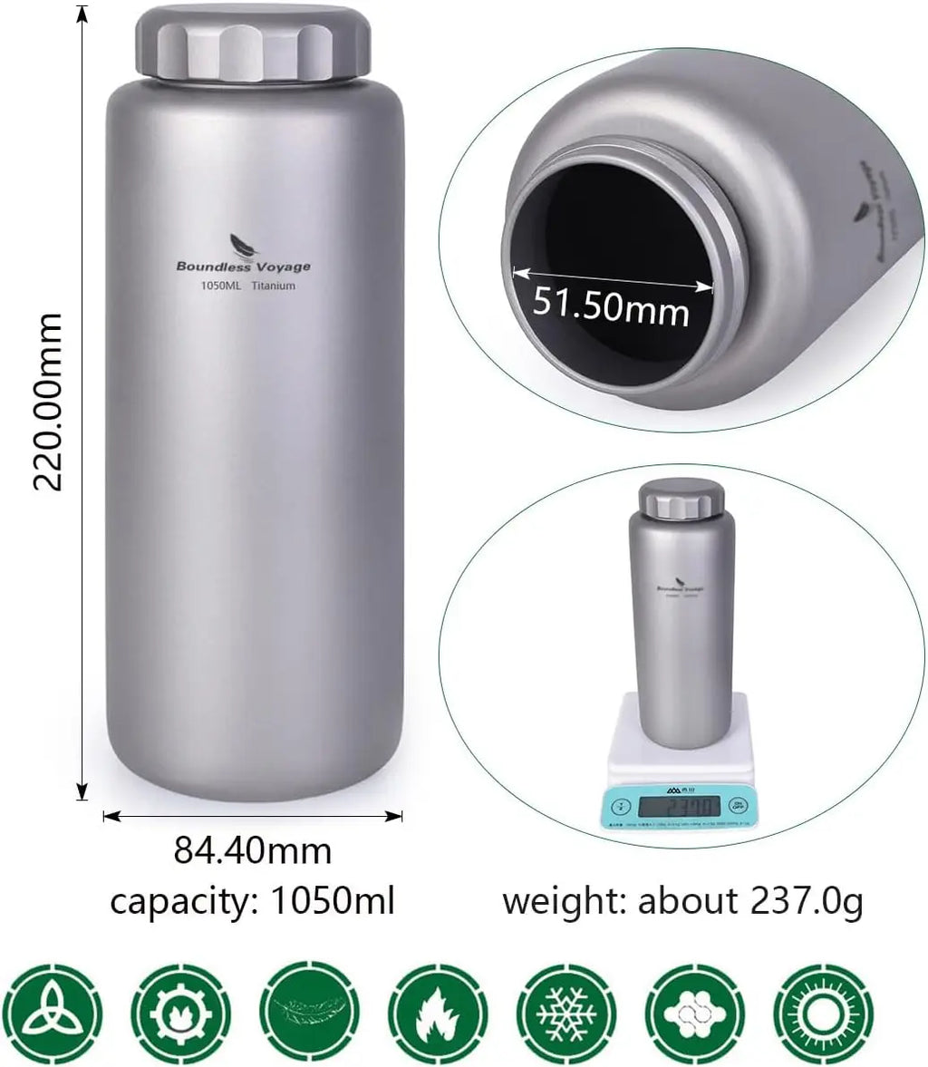 1050ml Titanium Water Bottle, Leak-Proof Wide Mouth for Outdoor Sports Hiking Camping