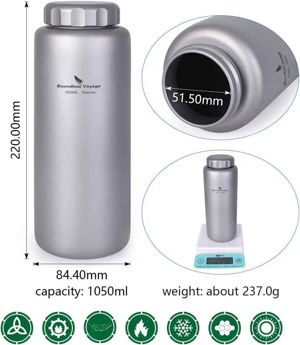 1050ml Titanium Water Bottle, Leak-Proof Wide Mouth for Outdoor Sports Hiking Camping