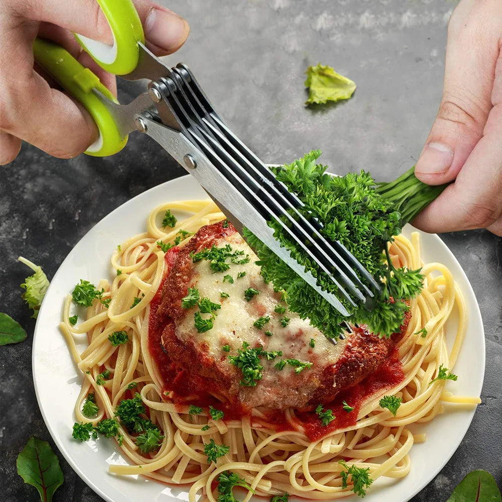 Herb Scissors  Stainless Steel 5 Blade Kitchen Shears Household Vegetable Cutter with Cover Multifunctional Kitchen Gadgets