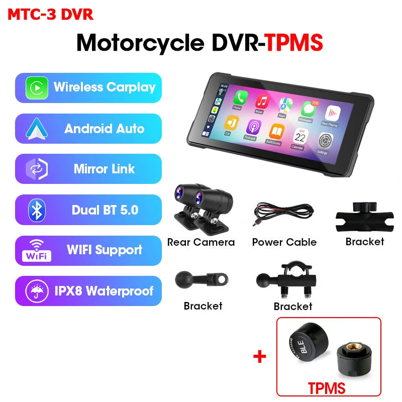 Srnubi 7 Inch Motorcycle Portable Navigation GPS Wireless Carplay Android Auto IP67 Waterproof Motorcycle Touch Screen Display