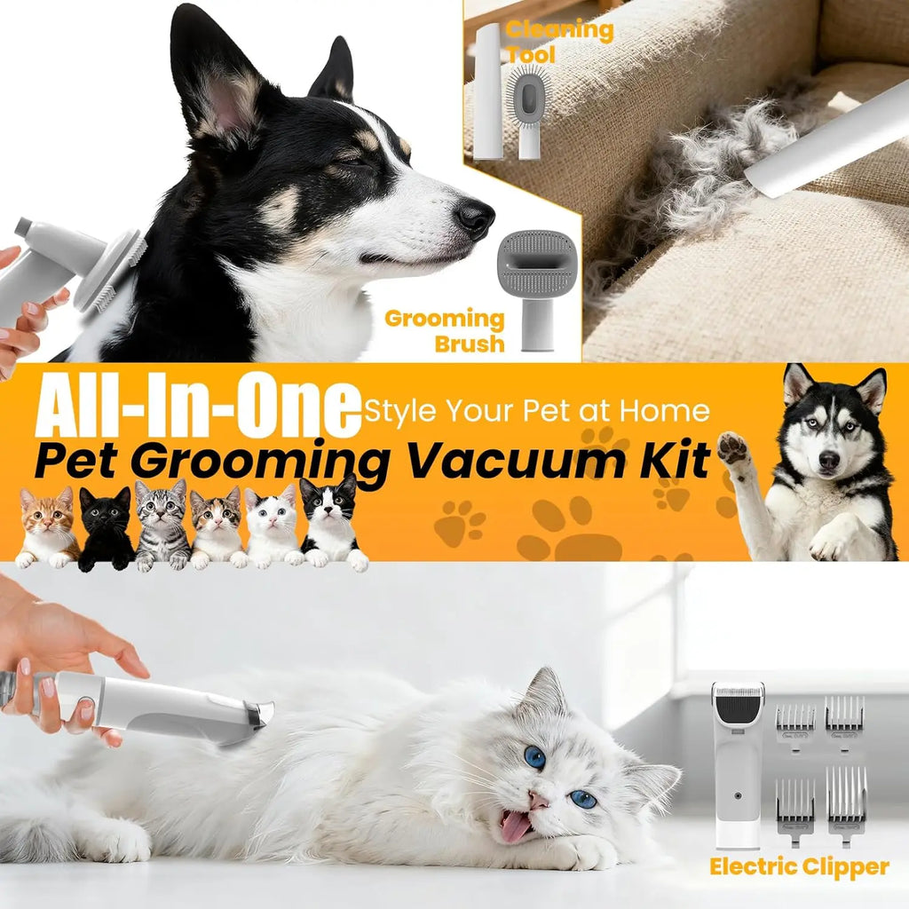All-in-One Pet Grooming Vacuum with Hair Clipper and Shedding Brush, Low Noise 12,000Pa Suction for Dogs and Cats