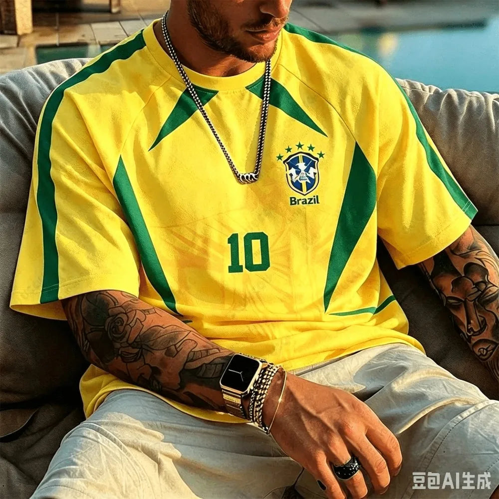 Brazil No.10 Retro Football Suit Men's and Women's 3D Printed T-shirt Breathable Casual Street Wear Football Training Top Y2k