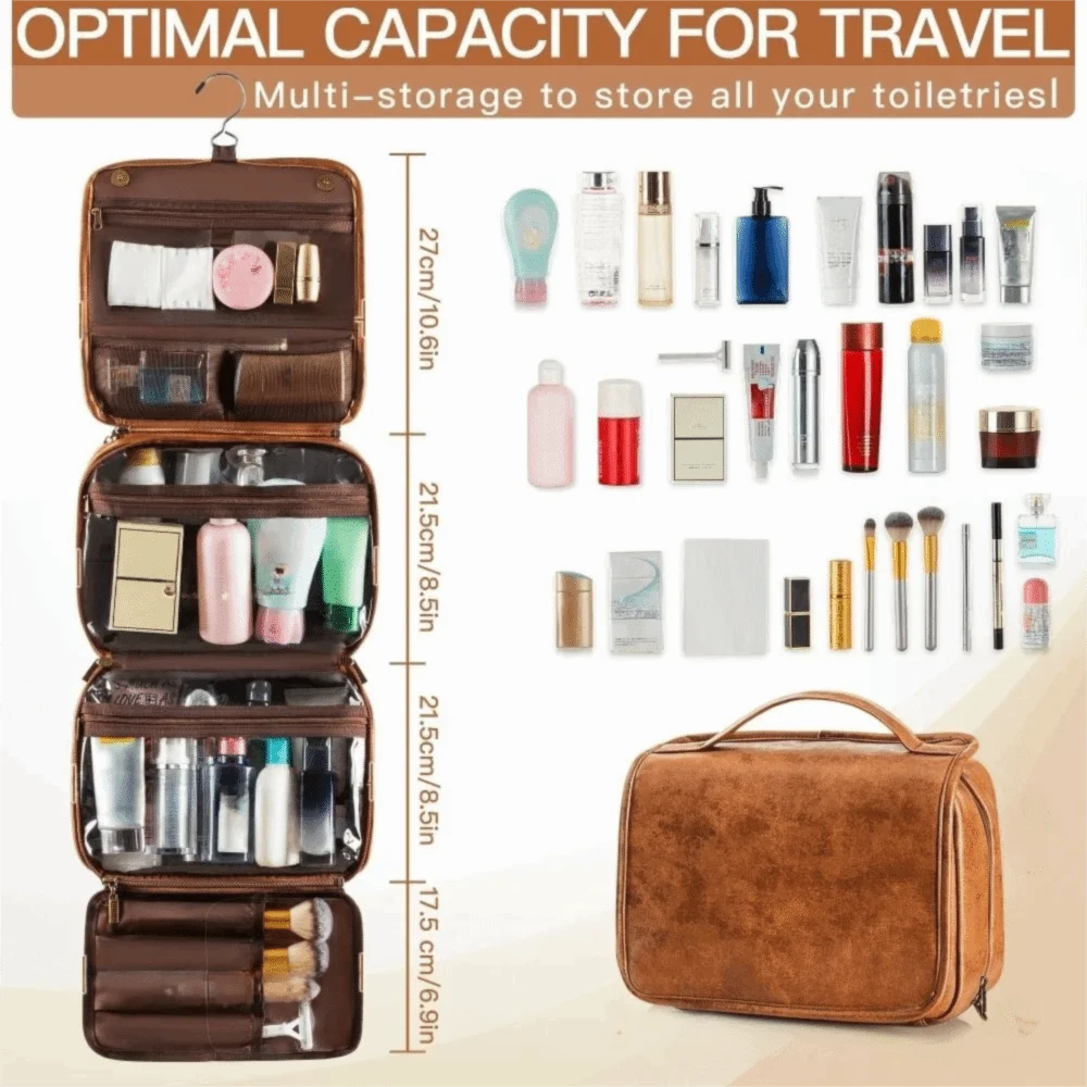 Multi-Pocket Makeup Bag Large Size Waterproof Design Hanging Toiletry Bag PU Leather 3-in-1 Dopp Kit Business Trip