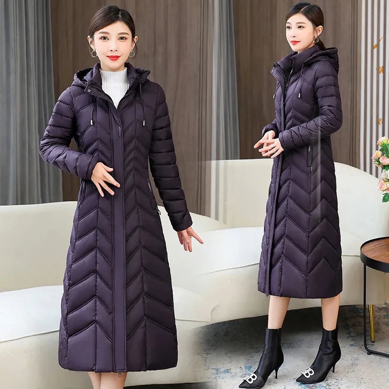 2025 NEW Winter Hooded Down Jacket 5XL Women's Warm Parka Fashion Down Cotton Women Long Coat Slim Temperament Female Overcoat