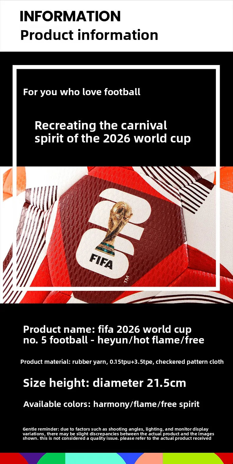 FIFA 2026 World Cup USA Canada Mexico Size 5 Soccer Ball Official Match Training for Adults Youth Students Wear-Resistant PU
