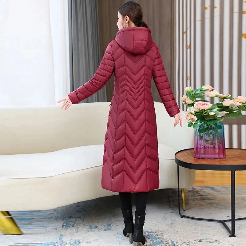 2025 NEW Winter Hooded Down Jacket 5XL Women's Warm Parka Fashion Down Cotton Women Long Coat Slim Temperament Female Overcoat