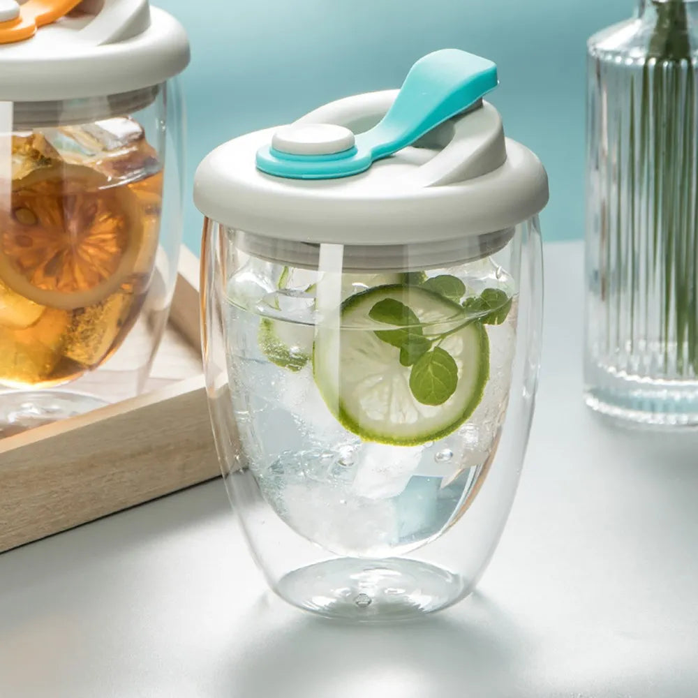 Cute Portable Water Cup Double Wall Glass Cup With Leak-Proof LidTransparent Insulated Coffee Cups Milk Tea Juice Mug Dinkware