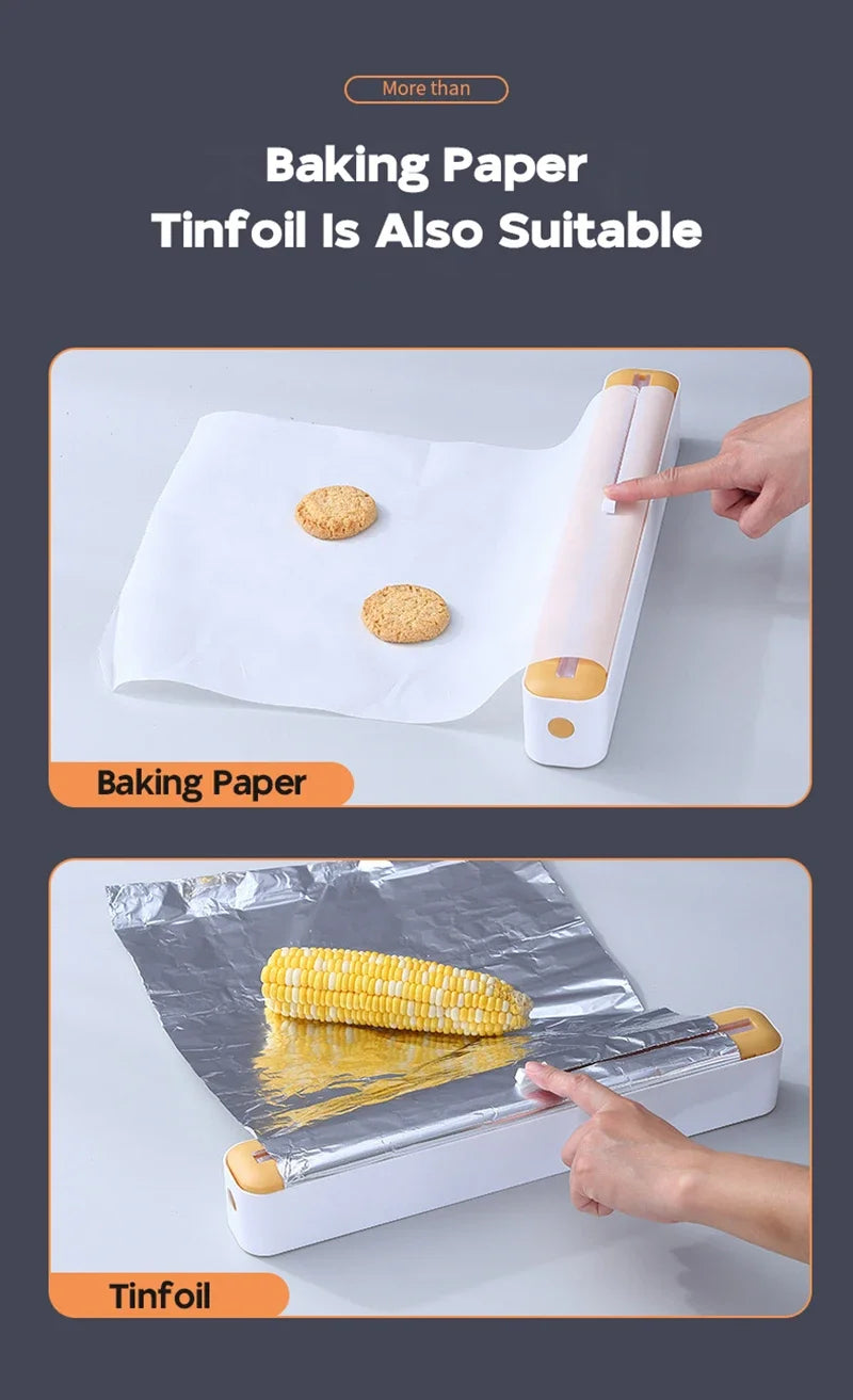 Food Film Dispenser Magnetic Plastic Wrap Dispenser with Cutter Storage Box Aluminum Foil Stretch Film Cutter Storage Holder