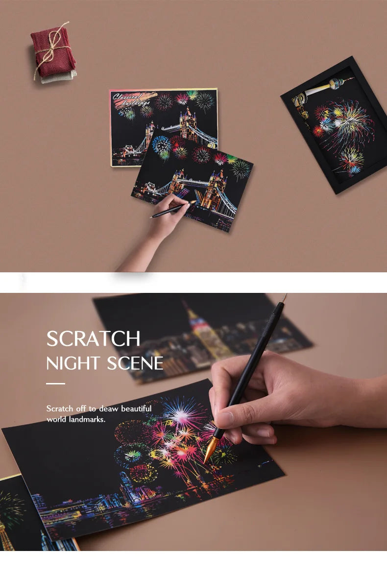 4Pcs Children DIY Night Scene Art Scratch Painting Toys City Building Landscape Kids Educational Toys Birthday Gift Room Decor