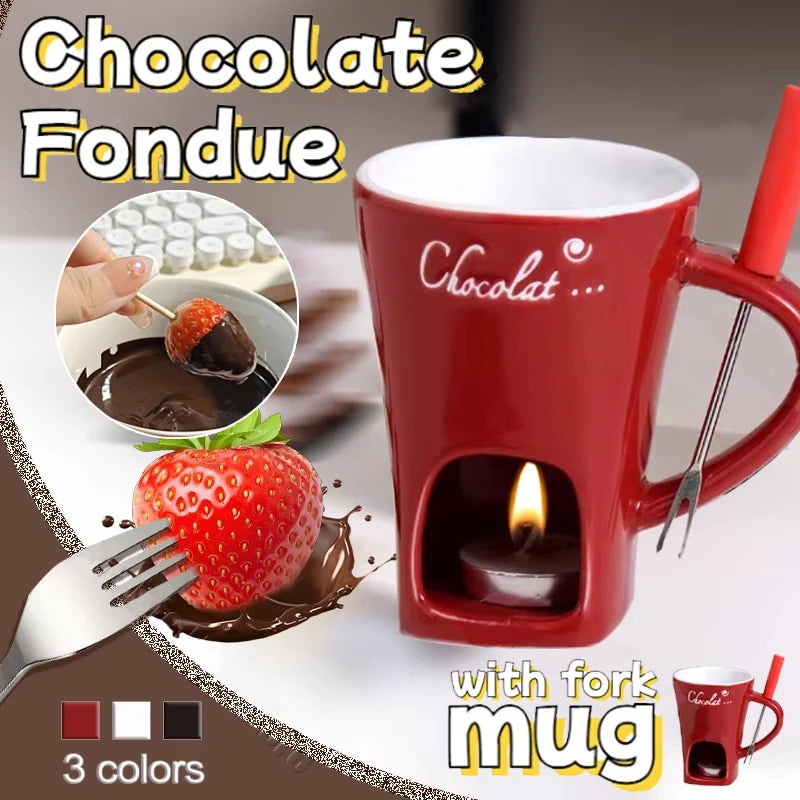 130ml Ceramic Chocolate Fondue Cup with Fork European Candle Heating Mug Creative Food Warmer for Cheese Coffee