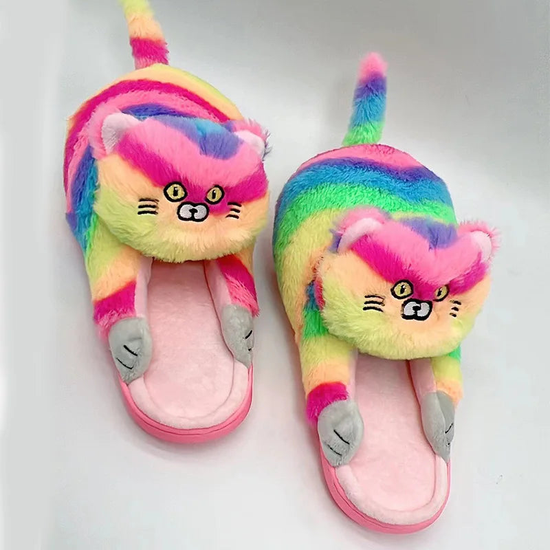 Cuddly Hug Cat Slippers Women Winter Home Fur Slides Kawaii Floor Shoes Furry Slippers Girl Kitty Mules Funny Cute Gift Slippers