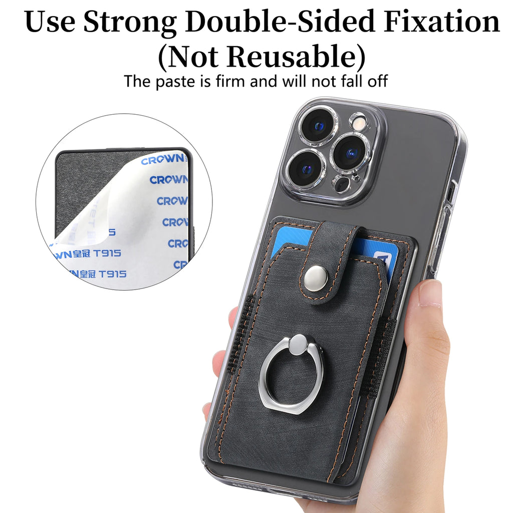 Phone Holder Wallet Case Card Slot Holder PU Leather Back Sticker Adhesives With Ring Stand For Mobile Phone iPhone Samsung