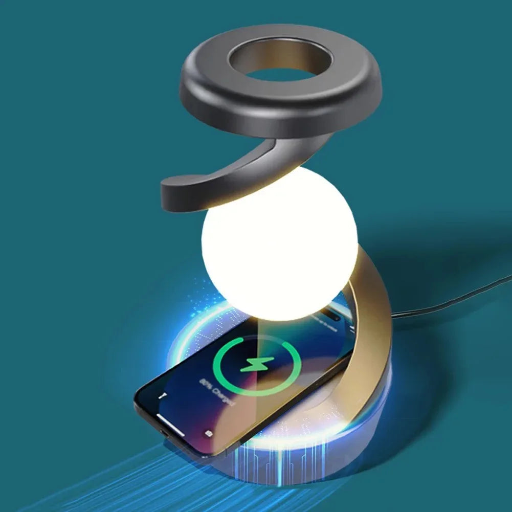 LED Moon Mood Light Suspended Rotating RGB Atmosphere Desk Lamp with Wireless Mobile Charging Bedroom Game Room Decorative Light