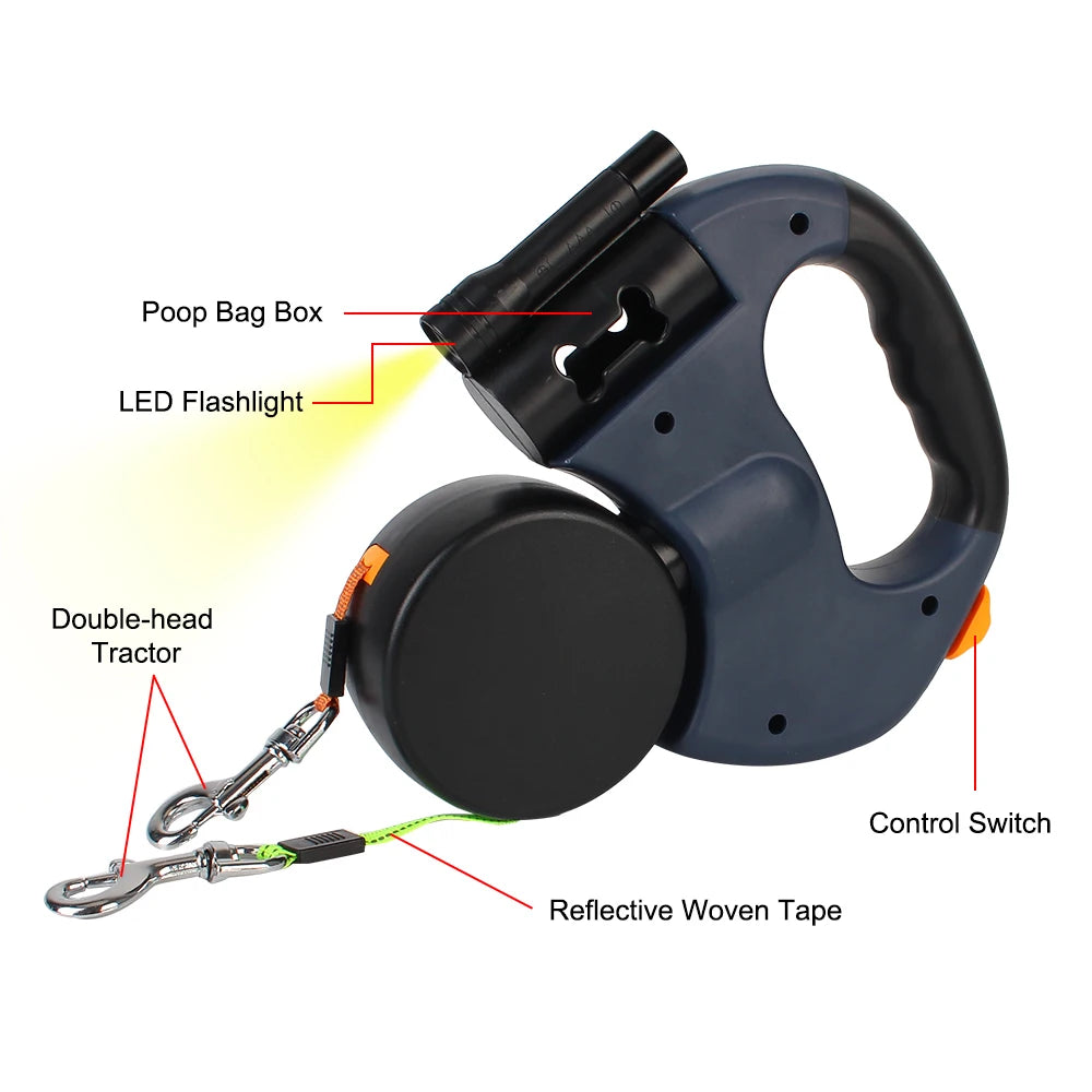 Auto Retractable Double-Ended Dog Leash 3m with LED Flashlight Waste Bag Box Roulette 360 Degree Dual Traction Rope Pet Supplies