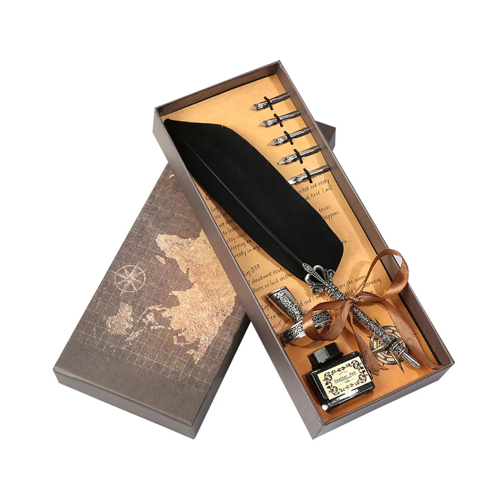 1 Set Retro Calligraphy Feather Dip Pen with 2 Nib Set Quill Fountain Writing Creative Vintage Stationery Gift Box no ink