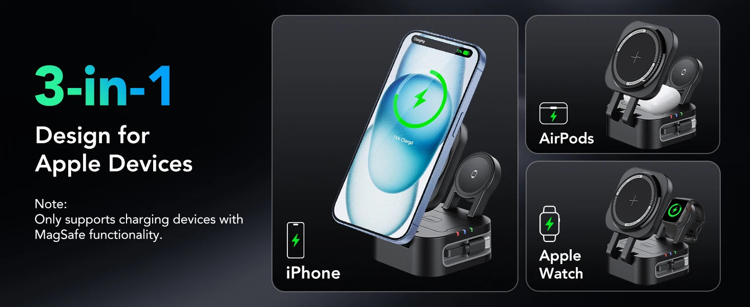 Magnetic 3 in 1 Wireless Charger Station With Extension Cords for iPhone 17 16 15 14 13 12 iWatch 11-2 Airpods Pro Fast Charging