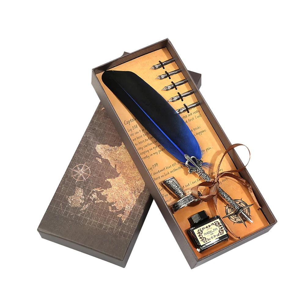 1 Set Retro Calligraphy Feather Dip Pen with 2 Nib Set Quill Fountain Writing Creative Vintage Stationery Gift Box no ink