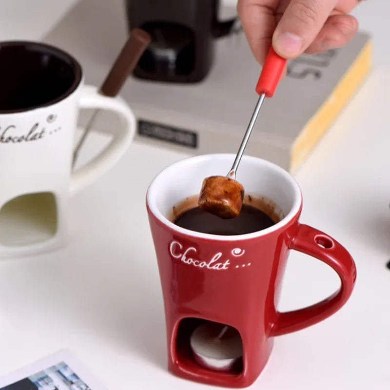 Ceramic Chocolate Hot Pot Cup, Gourmet Cheese Creative Coffee MUG Swiss Ice cream Christmas Party With Fork