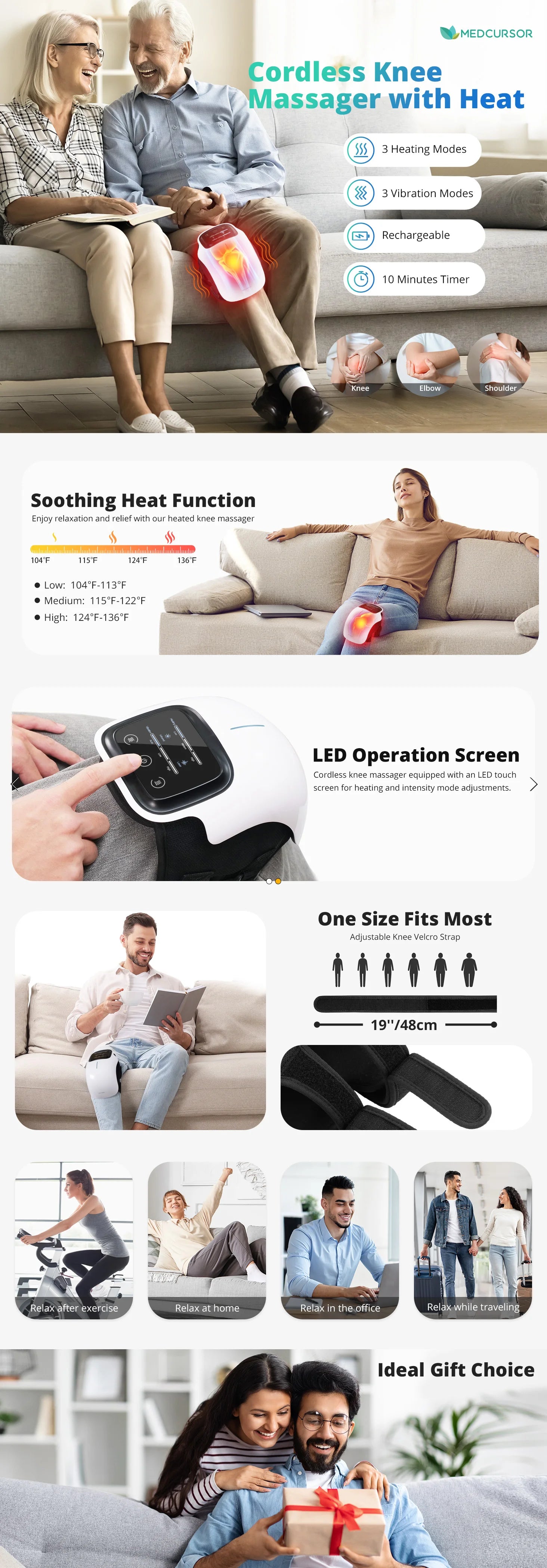 Medcursor Electric Heating Massage Knee Pad Wireless Heated Knee Massager Temperature Hot Compress Vibration Massage (Grey)