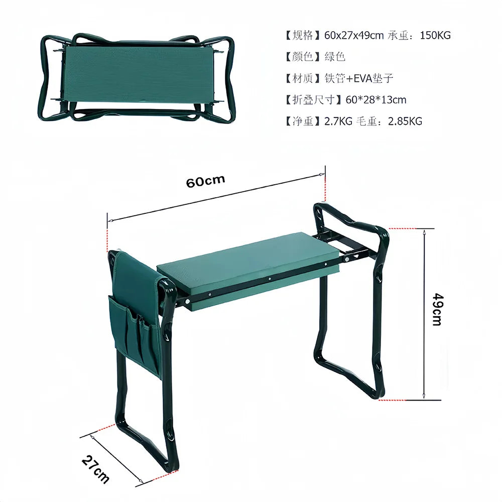 Garden Kneeling Stool with Tool Pouch 2-in-1 Portable Seat Knee Pad Outdoor Gardening Chair with Pockets