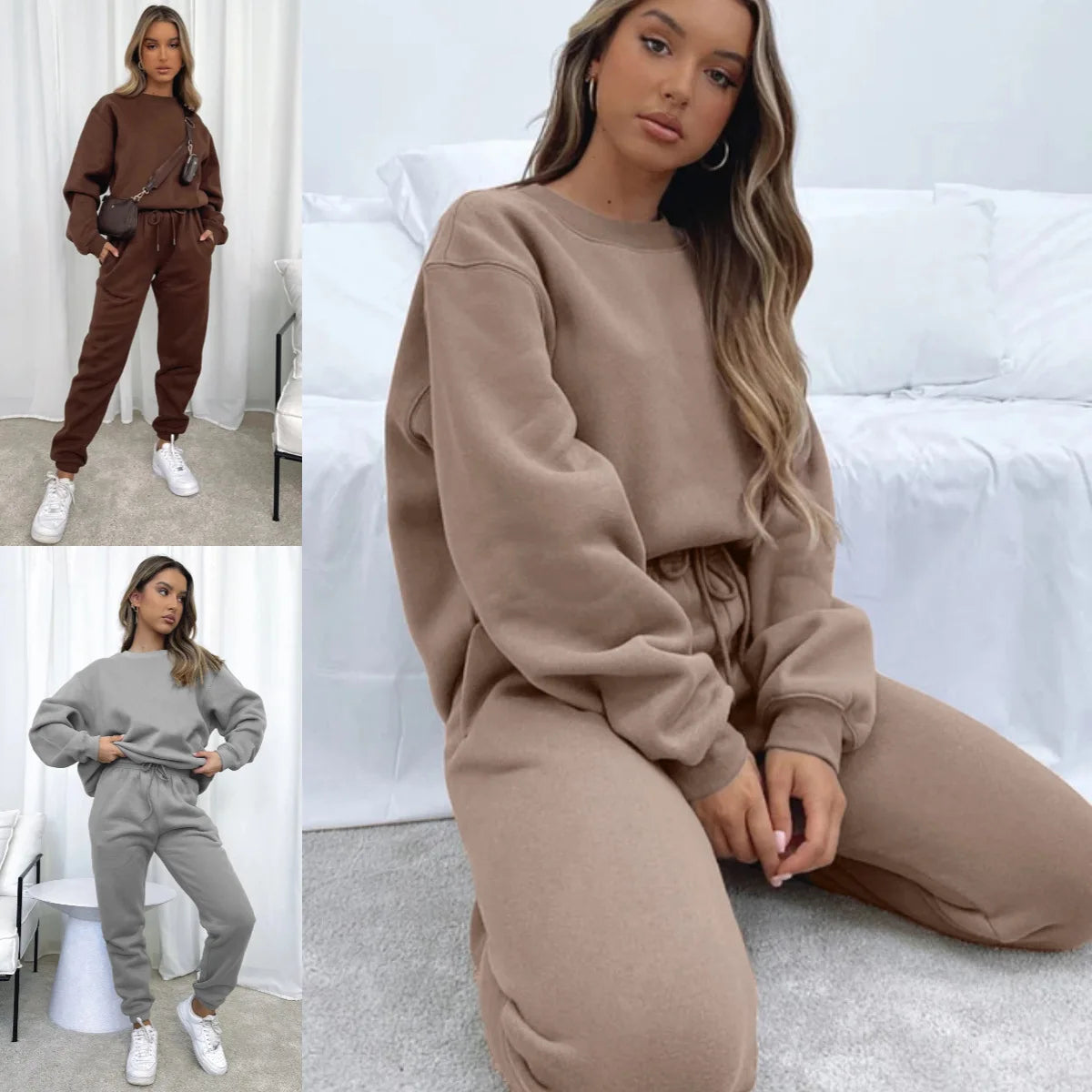Осение Женские Костюмы Women's Winter Warm Suit Round Neck Solid Color Long Sleeve Pullover Sweatshirt Sweatpants Штаны Женские